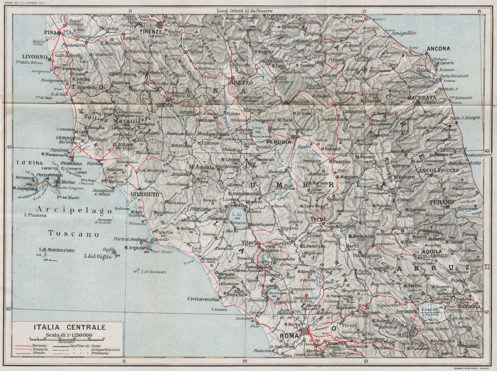 ITALIA CENTRALE. Vintage map plan. Central Italy. Railways 1924 old
